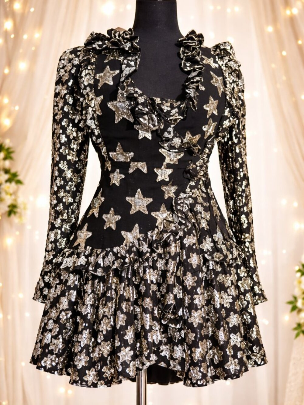 LoveShackFancy Black Mini Dress with Gold Metallic Star Embellishment